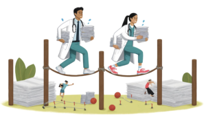 Two medical school applicants, one male and one female, navigate an obstacle course wearing white coats, stethoscopes, sneakers, shorts, and gym socks. They carry piles of applications while sweating, facing various hurdles, climbing walls, and balancing beams